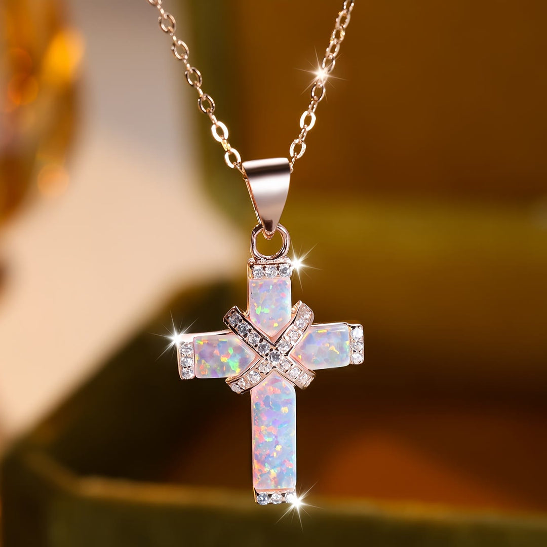 Christianartworkshop Inlaid Opal Layered Cross Pendant Paved Zircon Thin Cable Chain Necklace: A Symbol of Pure Faith - image 2