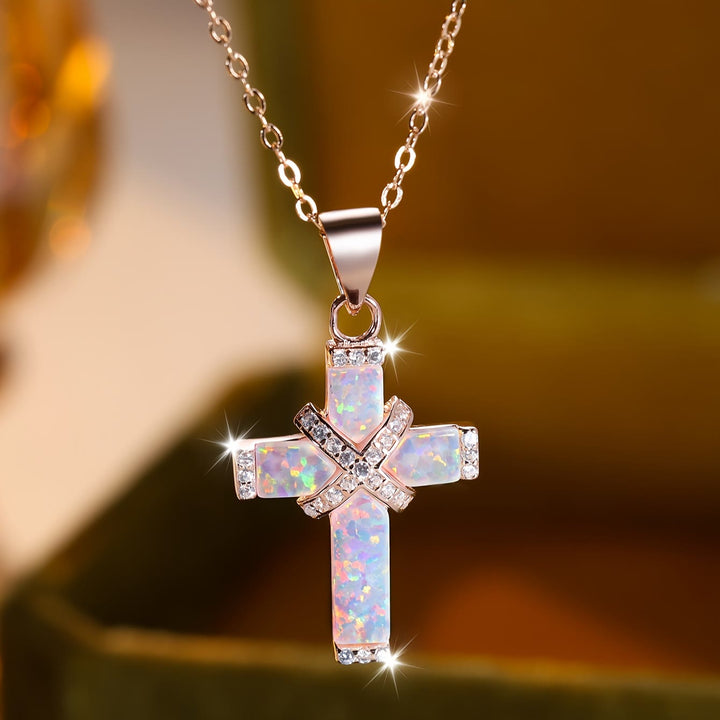 Christianartworkshop Inlaid Opal Layered Cross Pendant Paved Zircon Thin Cable Chain Necklace: A Symbol of Pure Faith - image 2