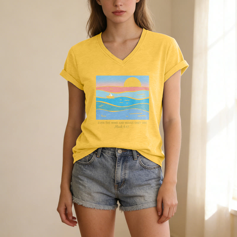 Christianartworkshop Even The Wind And Waves Obey Him Mark 4:41 Ocean Sunset Graphic Casual V-neck T-shirt - image 15