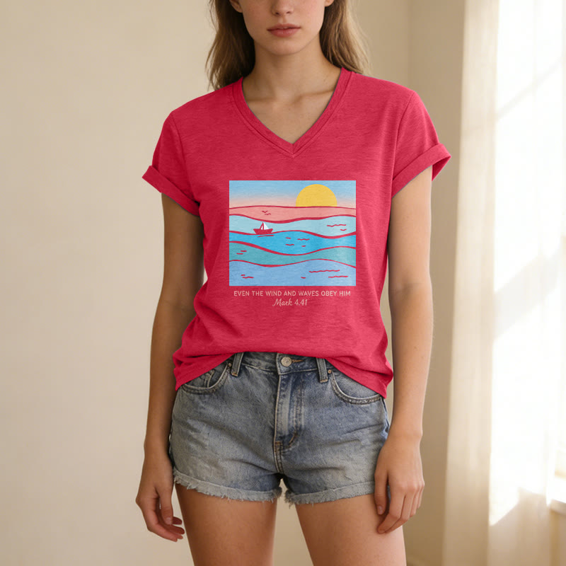 Christianartworkshop Even The Wind And Waves Obey Him Mark 4:41 Ocean Sunset Graphic Casual V-neck T-shirt - image 25