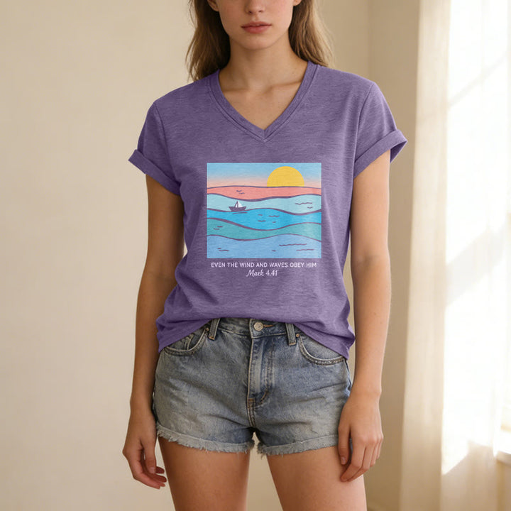 Christianartworkshop Even The Wind And Waves Obey Him Mark 4:41 Ocean Sunset Graphic Casual V-neck T-shirt - image 5