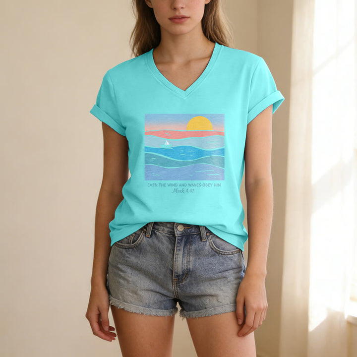Christianartworkshop Even The Wind And Waves Obey Him Mark 4:41 Ocean Sunset Graphic Casual V-neck T-shirt - image 21
