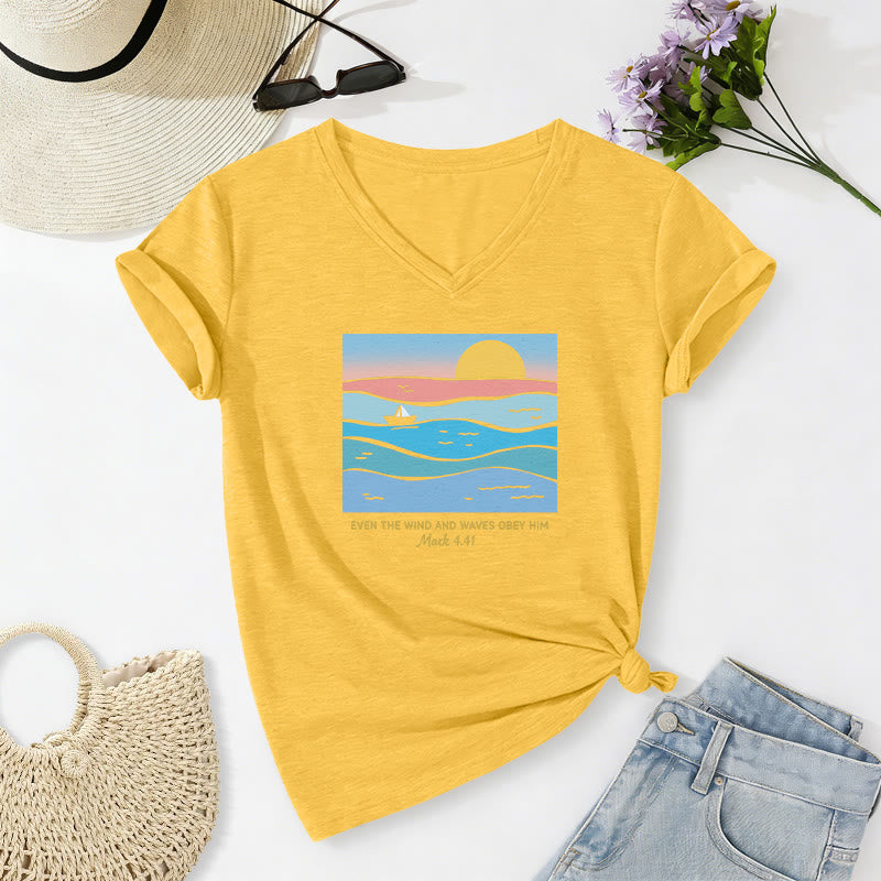 Christianartworkshop Even The Wind And Waves Obey Him Mark 4:41 Ocean Sunset Graphic Casual V-neck T-shirt - Yellow - 2XL - image 14