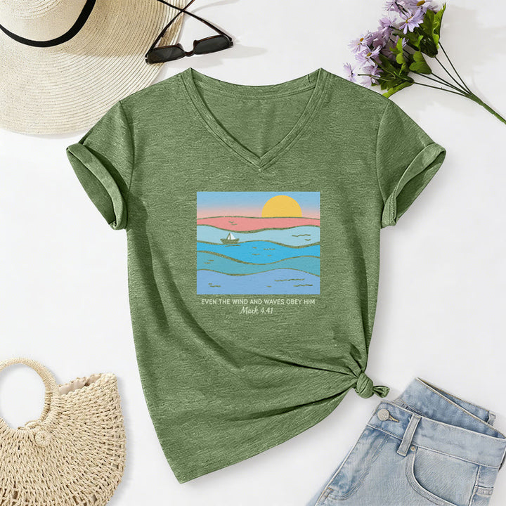 Christianartworkshop Even The Wind And Waves Obey Him Mark 4:41 Ocean Sunset Graphic Casual V-neck T-shirt - Olive Green - 2XL - image 16