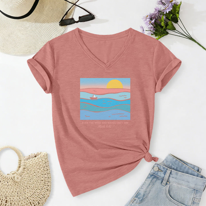 Christianartworkshop Even The Wind And Waves Obey Him Mark 4:41 Ocean Sunset Graphic Casual V-neck T-shirt - Light Pink - 2XL - image 10