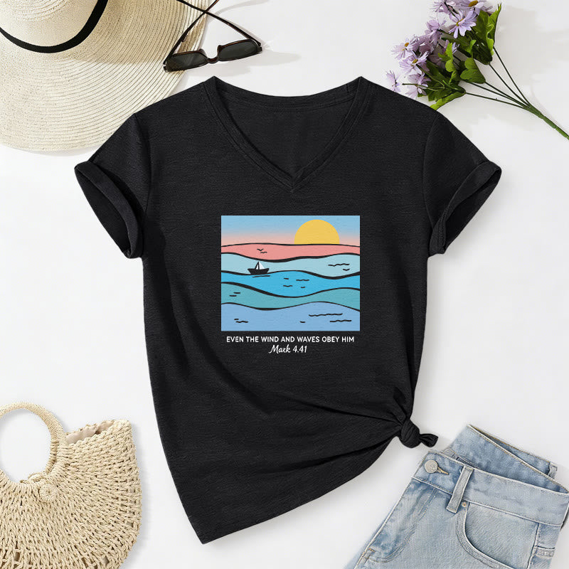 Christianartworkshop Even The Wind And Waves Obey Him Mark 4:41 Ocean Sunset Graphic Casual V-neck T-shirt - Black - 2XL - image 12
