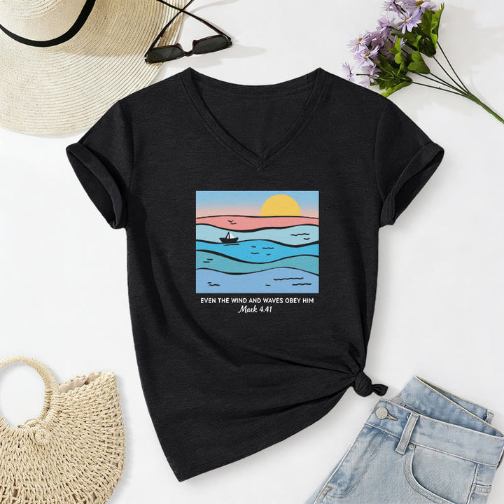 Christianartworkshop Even The Wind And Waves Obey Him Mark 4:41 Ocean Sunset Graphic Casual V-neck T-shirt - Black - 2XL - image 12