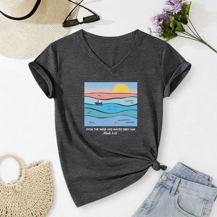Christianartworkshop Even The Wind And Waves Obey Him Mark 4:41 Ocean Sunset Graphic Casual V-neck T-shirt - Dark Grey - 2XL - image 8