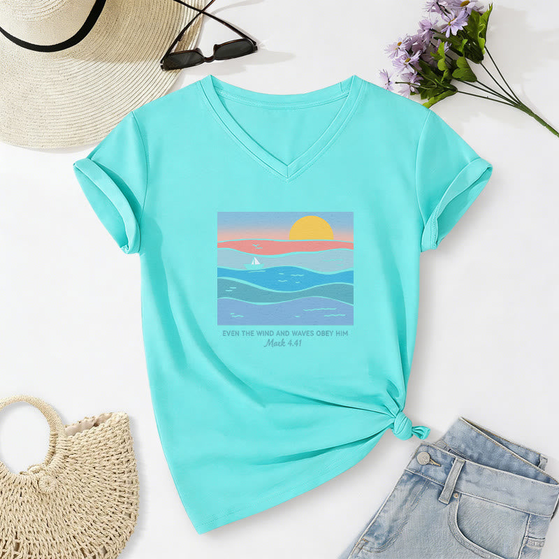 Christianartworkshop Even The Wind And Waves Obey Him Mark 4:41 Ocean Sunset Graphic Casual V-neck T-shirt - Sky Blue - 2XL - image 20
