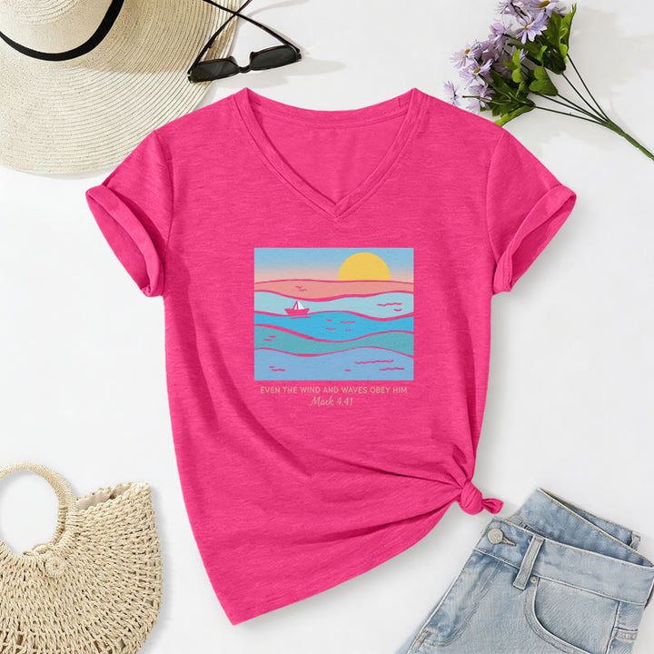 Christianartworkshop Even The Wind And Waves Obey Him Mark 4:41 Ocean Sunset Graphic Casual V-neck T-shirt - Rose - 2XL - image 2