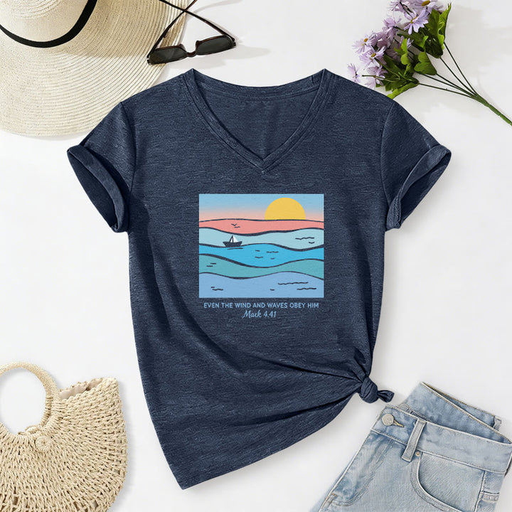 Christianartworkshop Even The Wind And Waves Obey Him Mark 4:41 Ocean Sunset Graphic Casual V-neck T-shirt - Navy Blue - 2XL - image 6