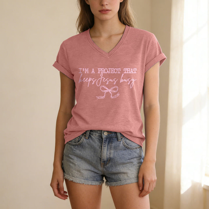 Christianartworkshop I am A Project That Keeps Jesus Busy Bow Script Casual V-neck T-shirt - image 11