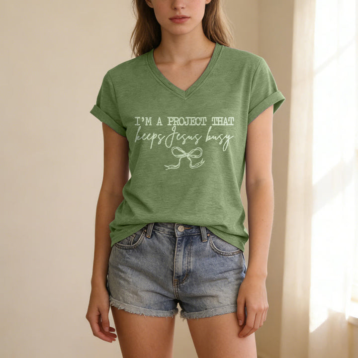 Christianartworkshop I am A Project That Keeps Jesus Busy Bow Script Casual V-neck T-shirt - image 17