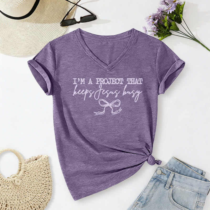 Christianartworkshop I am A Project That Keeps Jesus Busy Bow Script Casual V-neck T-shirt - Purple - 2XL - image 2