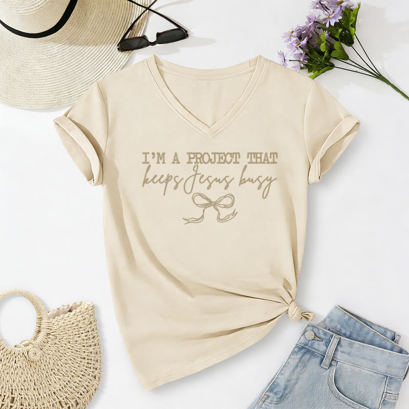 Christianartworkshop I am A Project That Keeps Jesus Busy Bow Script Casual V-neck T-shirt - Beige - 2XL - image 8
