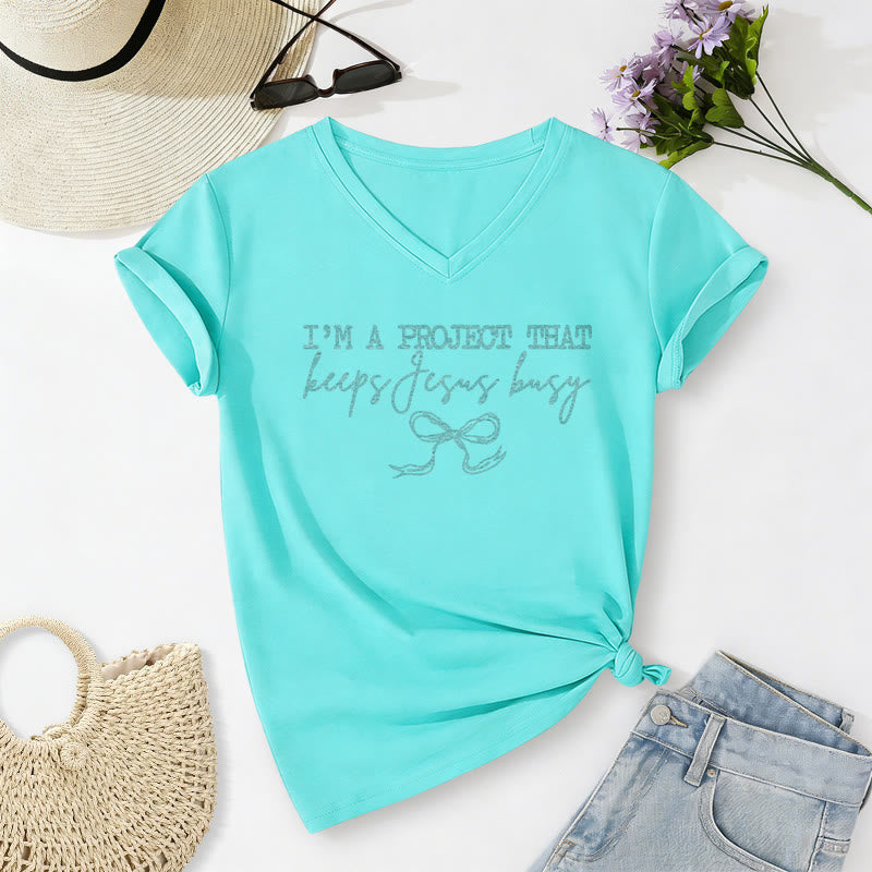 Christianartworkshop I am A Project That Keeps Jesus Busy Bow Script Casual V-neck T-shirt - Sky Blue - 2XL - image 20