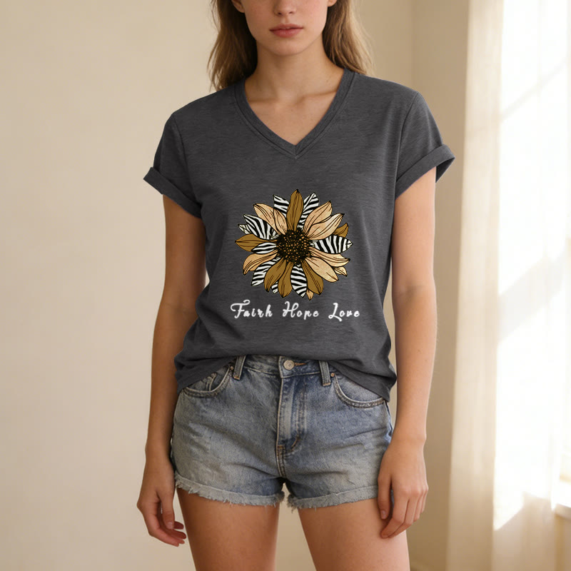 Christianartworkshop Faith Hope Love Zebra Print Sunflower Casual V-neck T-shirt - image 9