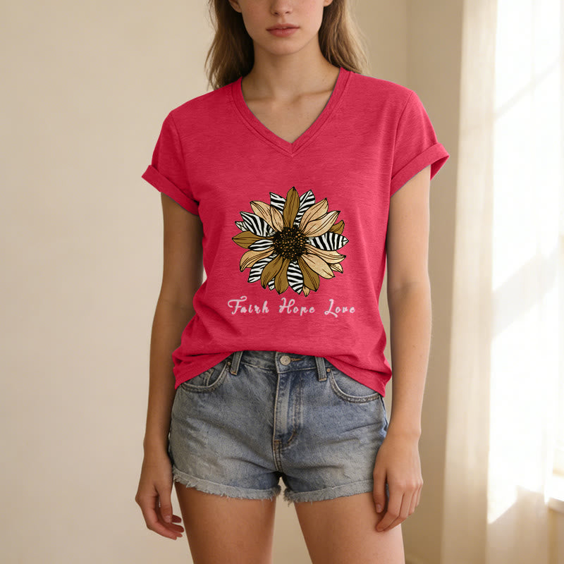 Christianartworkshop Faith Hope Love Zebra Print Sunflower Casual V-neck T-shirt - image 1