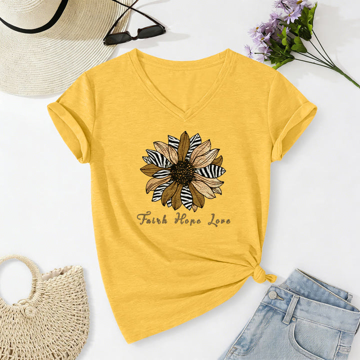 Christianartworkshop Faith Hope Love Zebra Print Sunflower Casual V-neck T-shirt - Yellow - 2XL - image 16