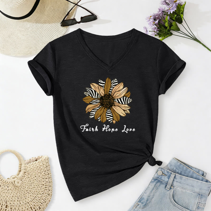Christianartworkshop Faith Hope Love Zebra Print Sunflower Casual V-neck T-shirt - Black - 2XL - image 14