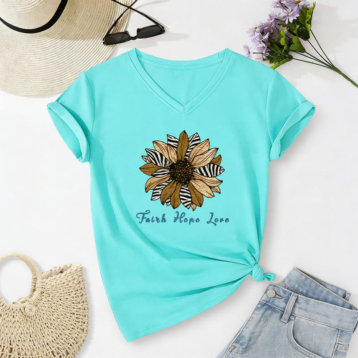 Christianartworkshop Faith Hope Love Zebra Print Sunflower Casual V-neck T-shirt - Sky Blue - 2XL - image 22
