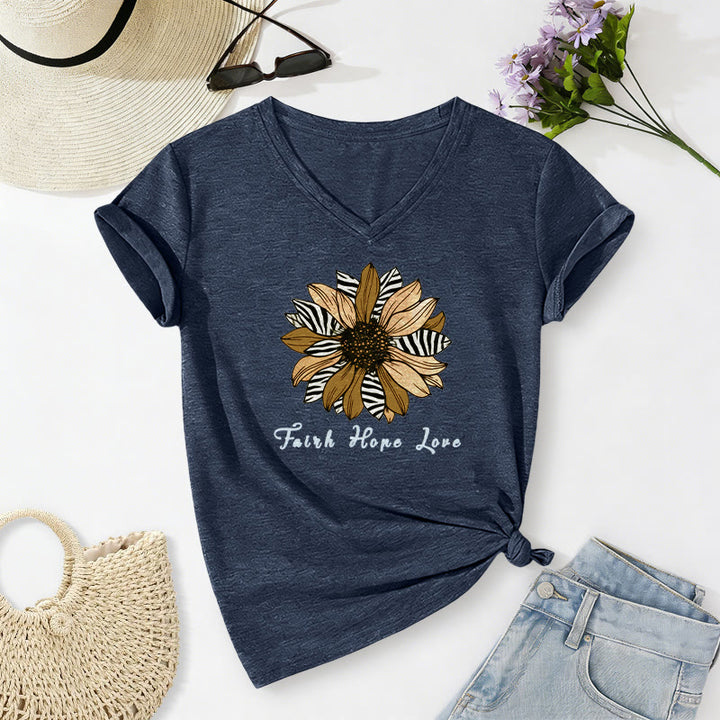 Christianartworkshop Faith Hope Love Zebra Print Sunflower Casual V-neck T-shirt - Navy Blue - 2XL - image 6