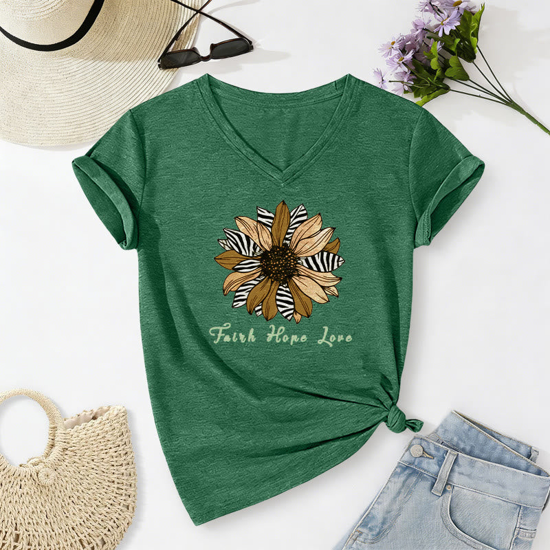 Christianartworkshop Faith Hope Love Zebra Print Sunflower Casual V-neck T-shirt - Dark Green - 2XL - image 24