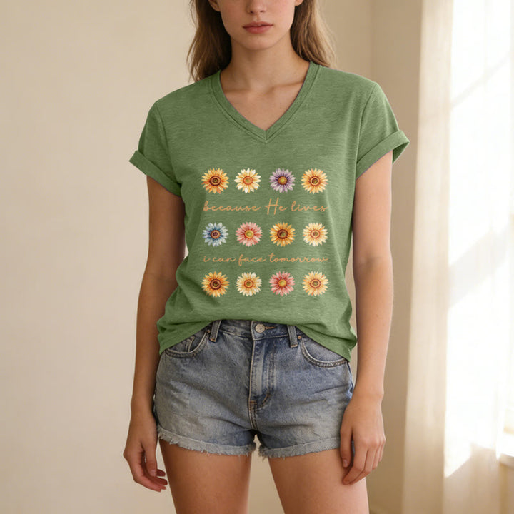 Christianartworkshop Because He Lives I Can Face Tomorrow Multi Daisy Floral Casual V-neck T-shirt - image 19