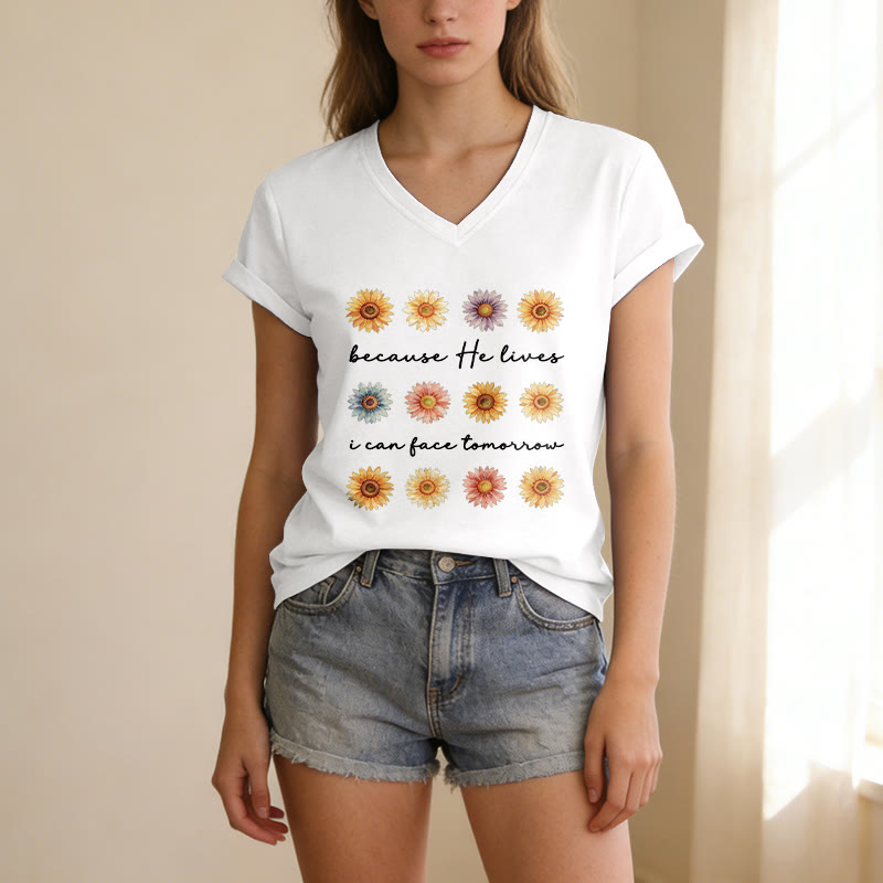 Christianartworkshop Because He Lives I Can Face Tomorrow Multi Daisy Floral Casual V-neck T-shirt - image 21