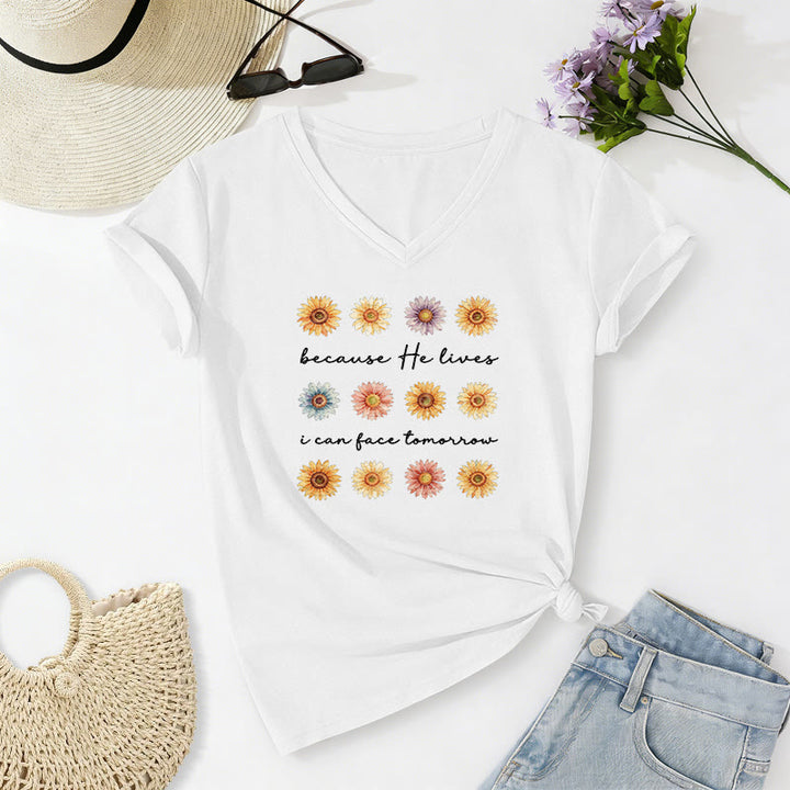 Christianartworkshop Because He Lives I Can Face Tomorrow Multi Daisy Floral Casual V-neck T-shirt - White - 2XL - image 20