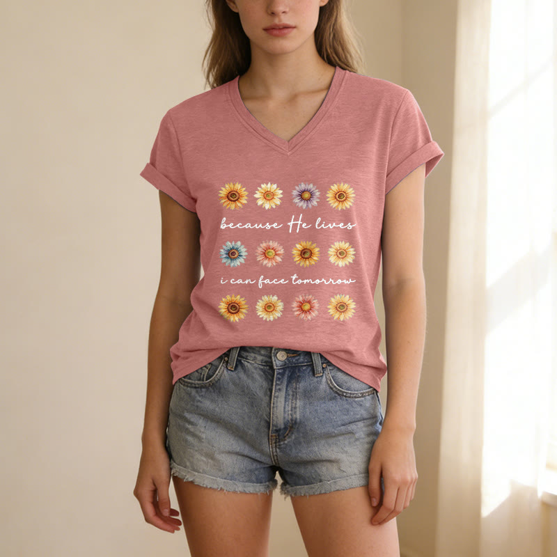 Christianartworkshop Because He Lives I Can Face Tomorrow Multi Daisy Floral Casual V-neck T-shirt - image 13