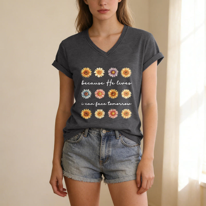Christianartworkshop Because He Lives I Can Face Tomorrow Multi Daisy Floral Casual V-neck T-shirt - image 11