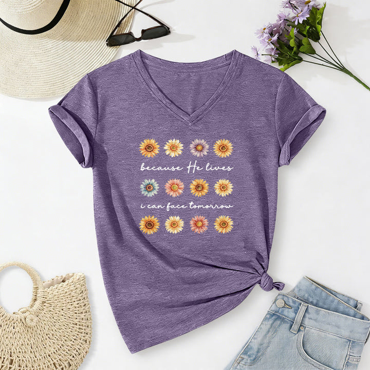 Christianartworkshop Because He Lives I Can Face Tomorrow Multi Daisy Floral Casual V-neck T-shirt - Purple - 2XL - image 6