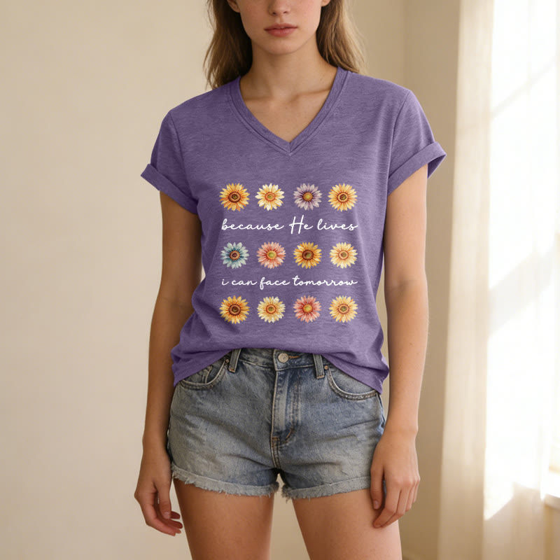 Christianartworkshop Because He Lives I Can Face Tomorrow Multi Daisy Floral Casual V-neck T-shirt - image 7