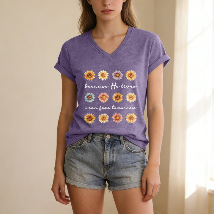 Christianartworkshop Because He Lives I Can Face Tomorrow Multi Daisy Floral Casual V-neck T-shirt - image 7