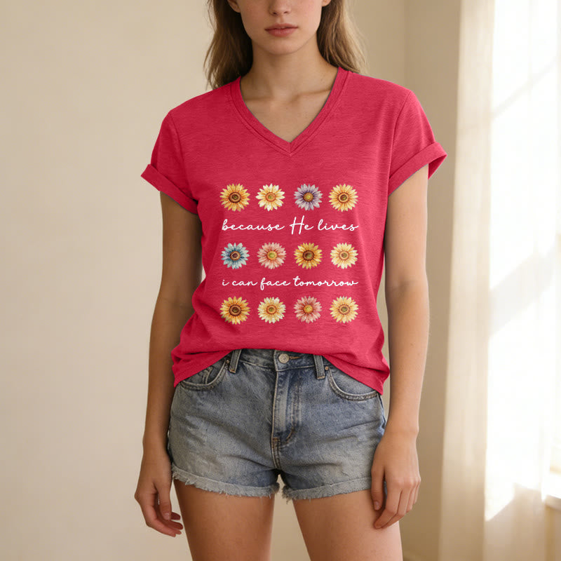 Christianartworkshop Because He Lives I Can Face Tomorrow Multi Daisy Floral Casual V-neck T-shirt - image 3