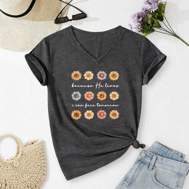 Christianartworkshop Because He Lives I Can Face Tomorrow Multi Daisy Floral Casual V-neck T-shirt - Dark Grey - 2XL - image 10