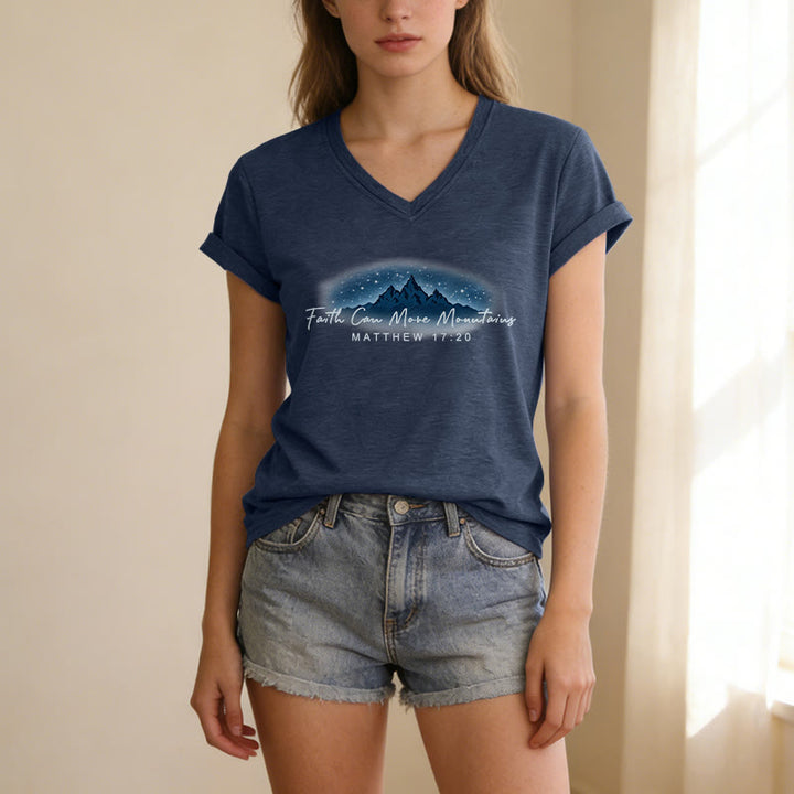 Christianartworkshop Faith Can Move Mountains Matthew 17:20 Starry Mountain Graphic Casual V-neck T-shirt - image 1