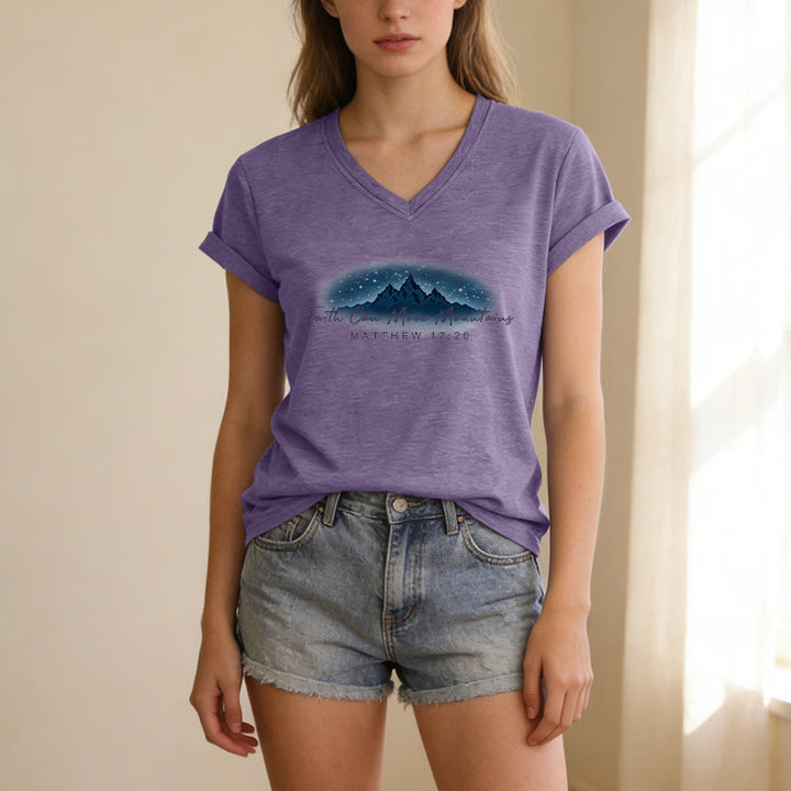 Christianartworkshop Faith Can Move Mountains Matthew 17:20 Starry Mountain Graphic Casual V-neck T-shirt - image 9
