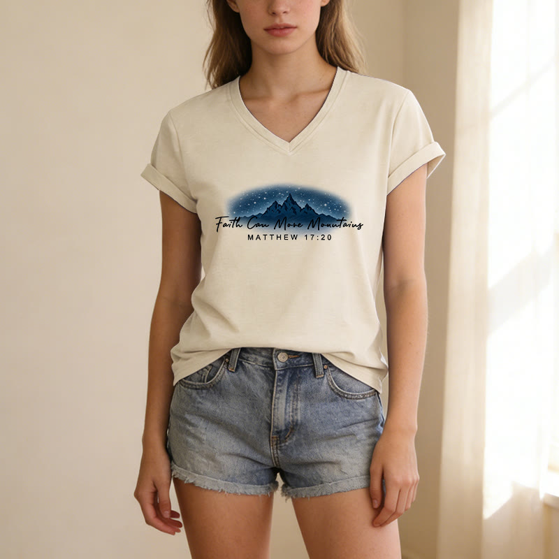 Christianartworkshop Faith Can Move Mountains Matthew 17:20 Starry Mountain Graphic Casual V-neck T-shirt - image 3