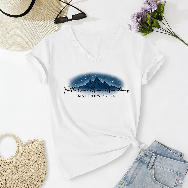 Christianartworkshop Faith Can Move Mountains Matthew 17:20 Starry Mountain Graphic Casual V-neck T-shirt - White - 2XL - image 20