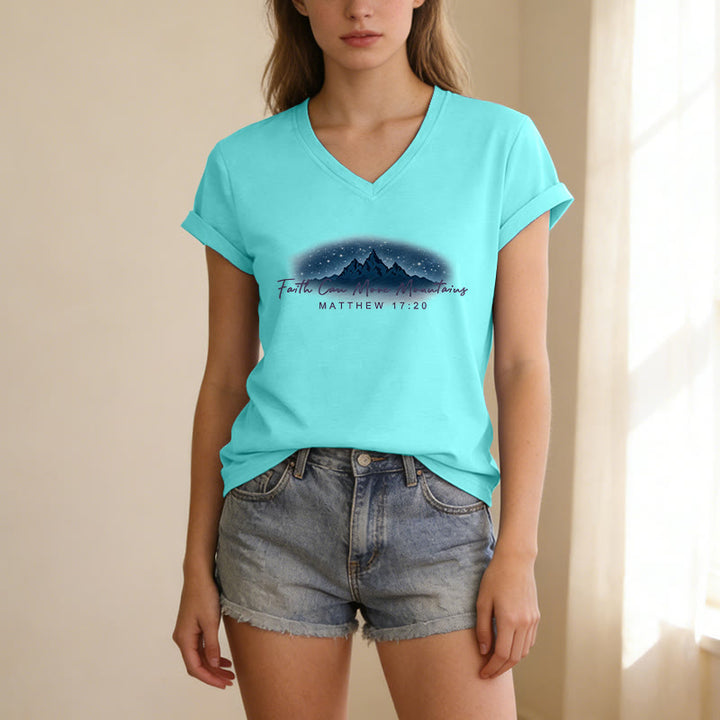 Christianartworkshop Faith Can Move Mountains Matthew 17:20 Starry Mountain Graphic Casual V-neck T-shirt - image 23