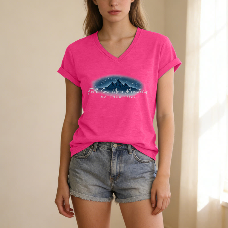 Christianartworkshop Faith Can Move Mountains Matthew 17:20 Starry Mountain Graphic Casual V-neck T-shirt - image 7