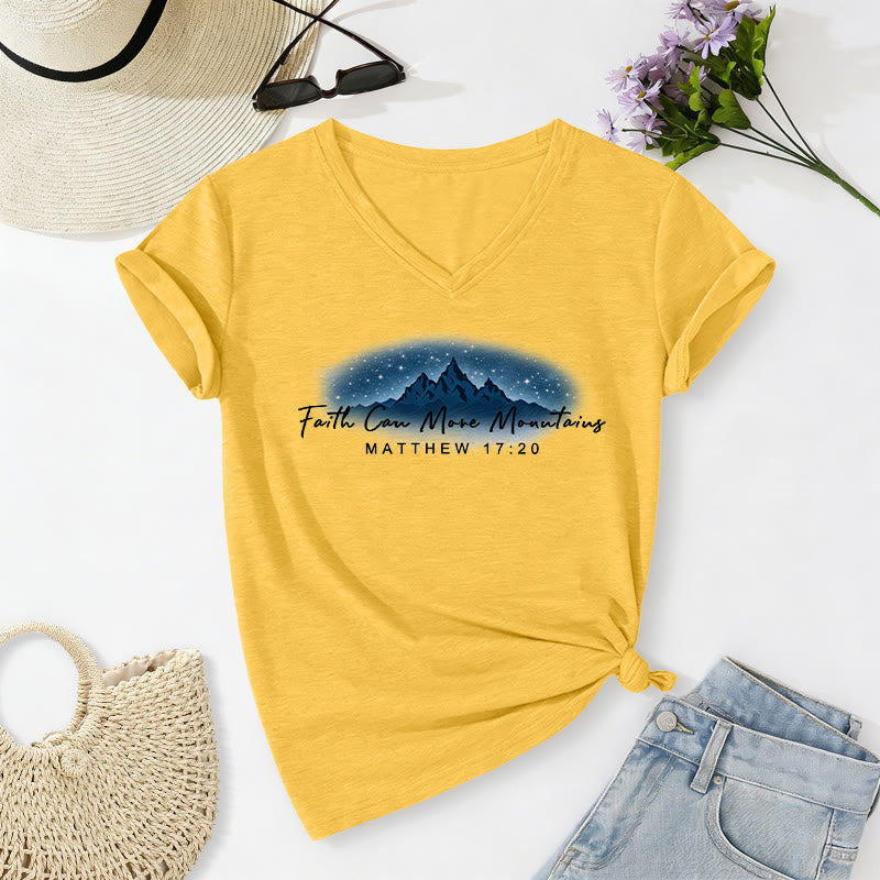 Christianartworkshop Faith Can Move Mountains Matthew 17:20 Starry Mountain Graphic Casual V-neck T-shirt - Yellow - 2XL - image 16