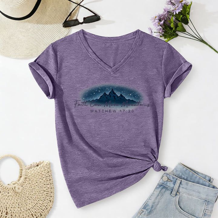 Christianartworkshop Faith Can Move Mountains Matthew 17:20 Starry Mountain Graphic Casual V-neck T-shirt - Purple - 2XL - image 8