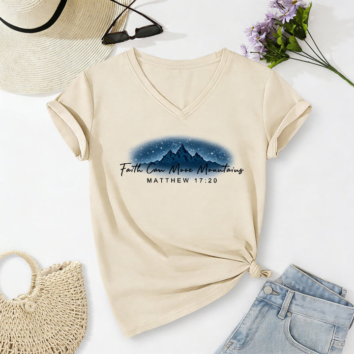 Christianartworkshop Faith Can Move Mountains Matthew 17:20 Starry Mountain Graphic Casual V-neck T-shirt - Beige - 2XL - image 2