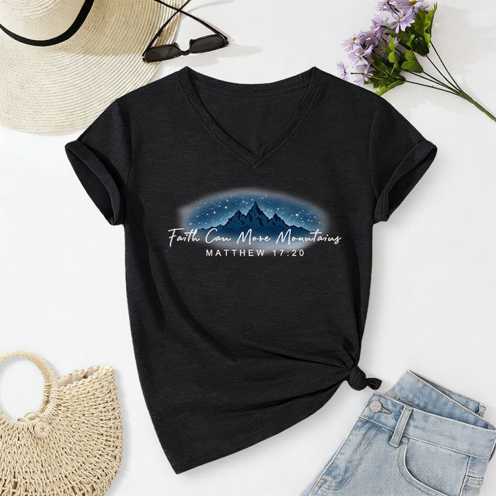 Christianartworkshop Faith Can Move Mountains Matthew 17:20 Starry Mountain Graphic Casual V-neck T-shirt - Black - 2XL - image 14