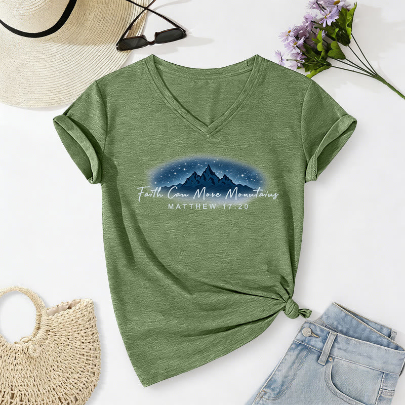 Christianartworkshop Faith Can Move Mountains Matthew 17:20 Starry Mountain Graphic Casual V-neck T-shirt - Olive Green - 2XL - image 18