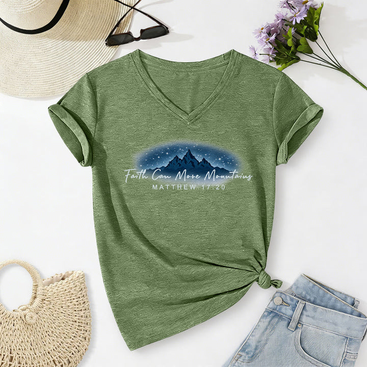 Christianartworkshop Faith Can Move Mountains Matthew 17:20 Starry Mountain Graphic Casual V-neck T-shirt - Olive Green - 2XL - image 18