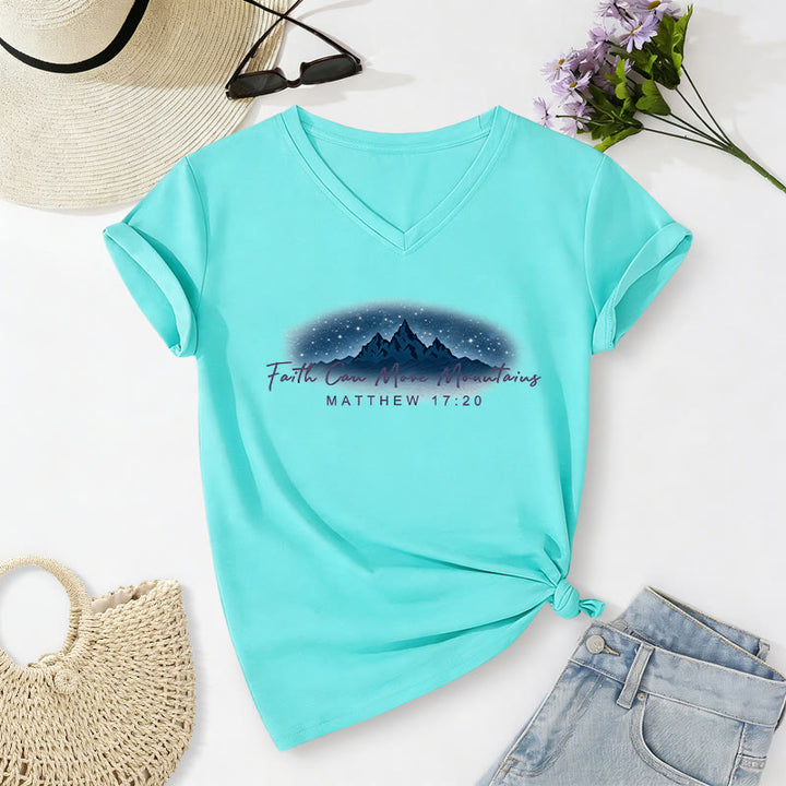 Christianartworkshop Faith Can Move Mountains Matthew 17:20 Starry Mountain Graphic Casual V-neck T-shirt - Sky Blue - 2XL - image 22